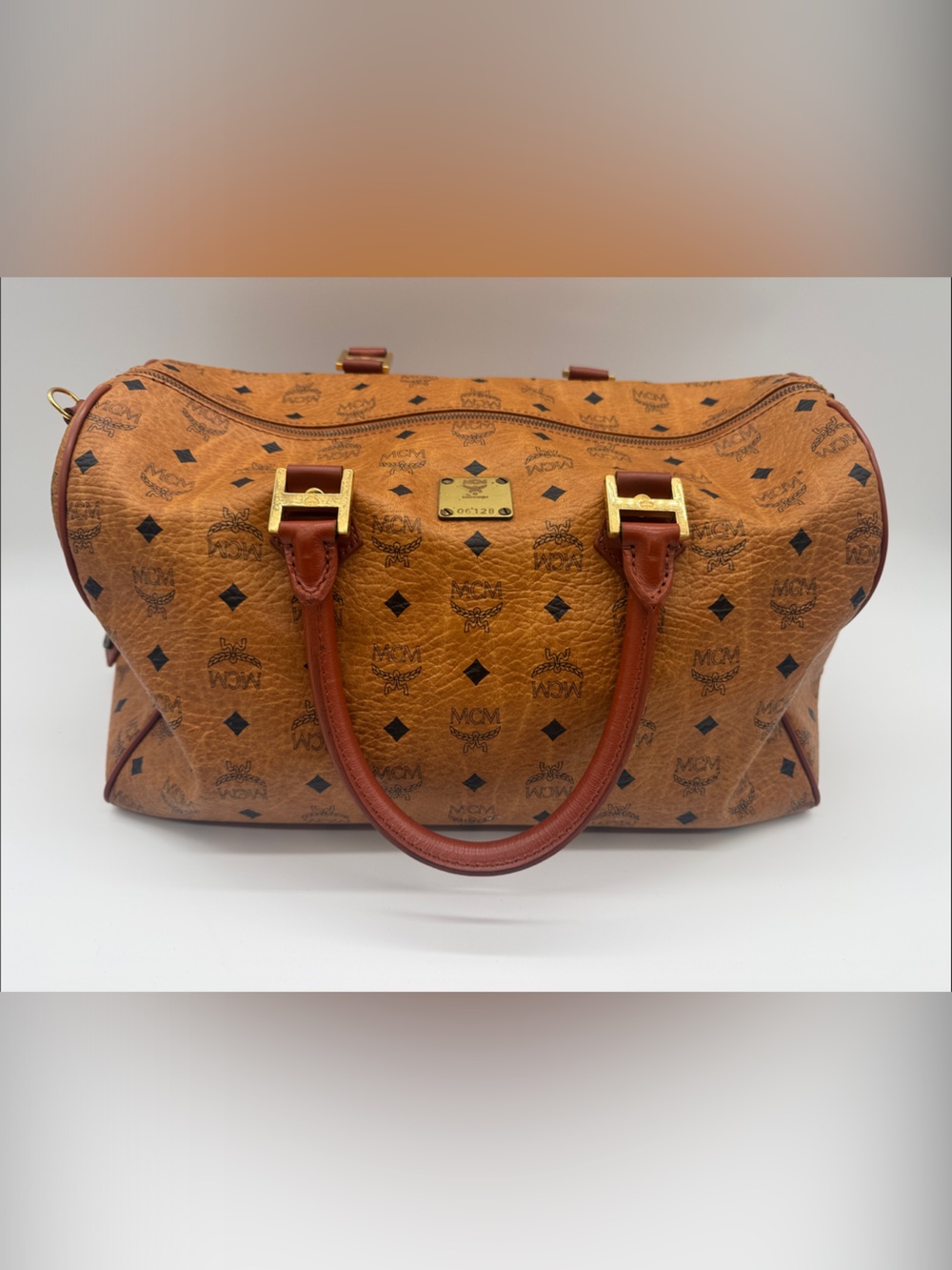MCM Cognac Visetos Monogram Tote with Brown Leather Trim-